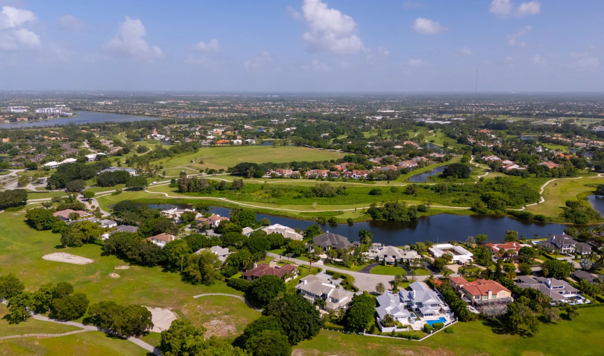 Aerial view of suburban landscape and greenery.