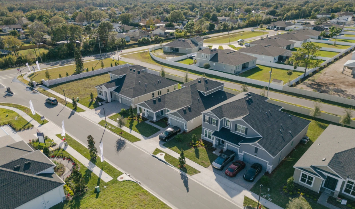 Aerial view of suburban residential neighborhood.